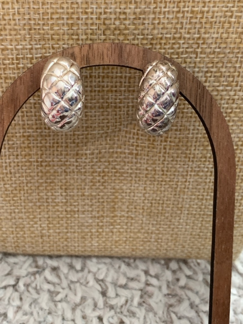 Sterling Silver 925 Italy Quilted Chunky Huggie Hoop Earrings